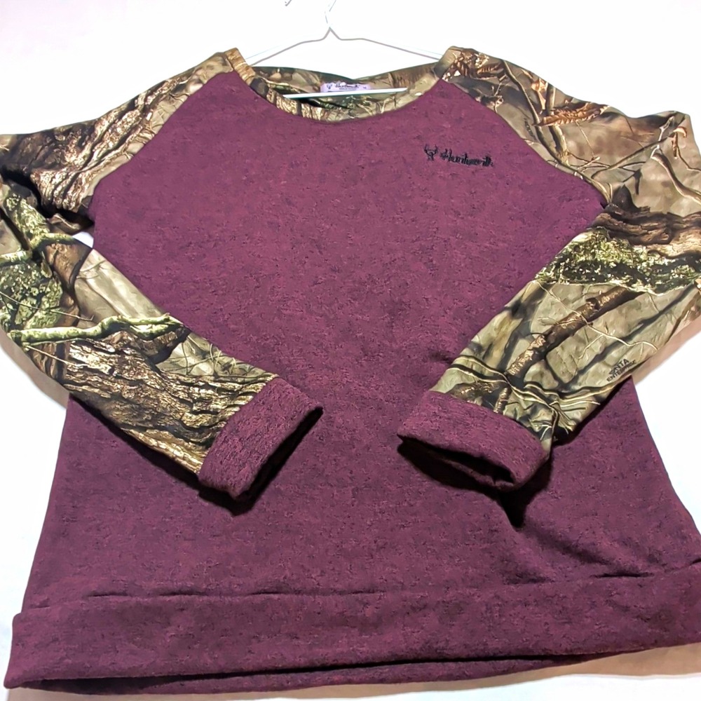 Huntworth Womens M Plum Purple Thermal Camo Raglan Long Sleeve Shirt Twist Back